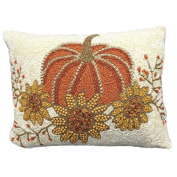 Autumn Hill Beaded Orange Pumpkin Sunflowers Accent Pillow Fall Autumn Decor - Picture 1 of 9